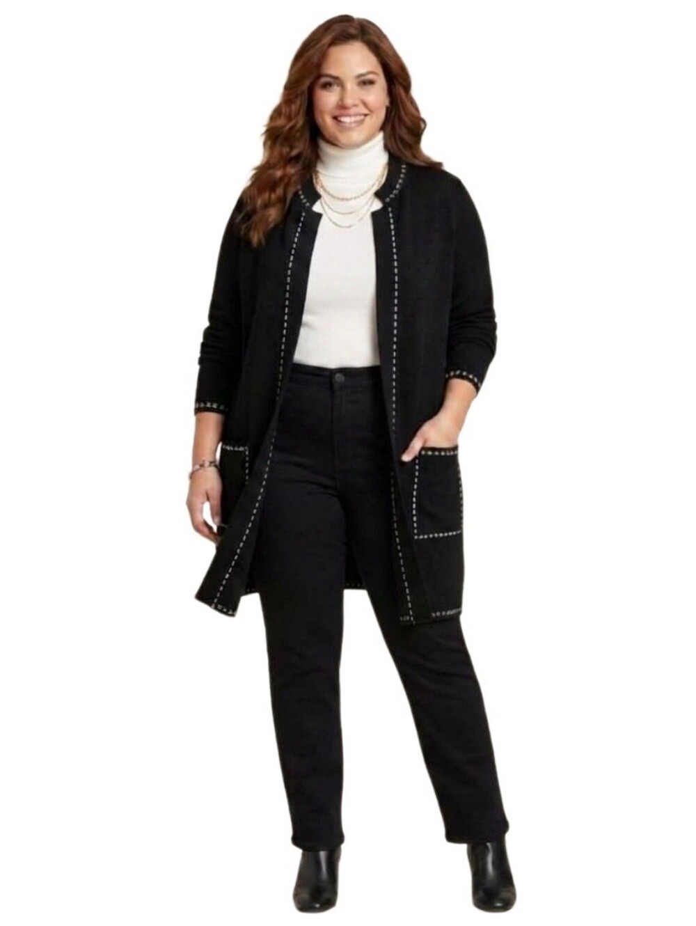 Tahari Black w/White Slip Stitch Open Rayon Blend Cardigan Womans Size 1X NWOT